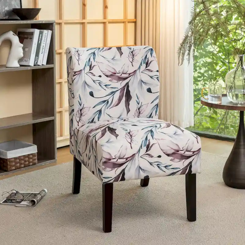 Purple Floral Upholstered Accent Chair with Dark Wood Legs