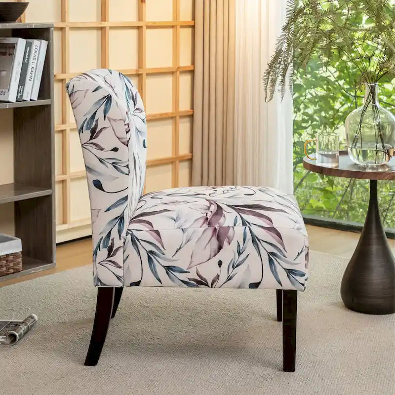 Purple Floral Upholstered Accent Chair with Dark Wood Legs