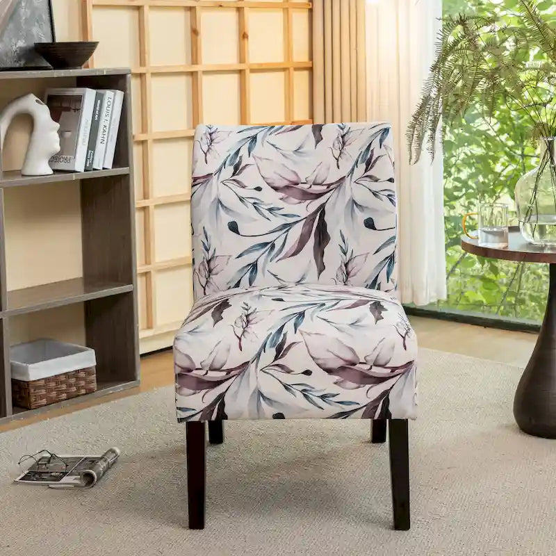 Purple Floral Upholstered Accent Chair with Dark Wood Legs