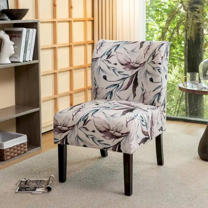 Purple Floral Upholstered Accent Chair with Dark Wood Legs