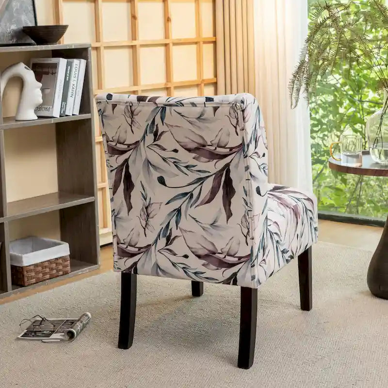 Purple Floral Upholstered Accent Chair with Dark Wood Legs
