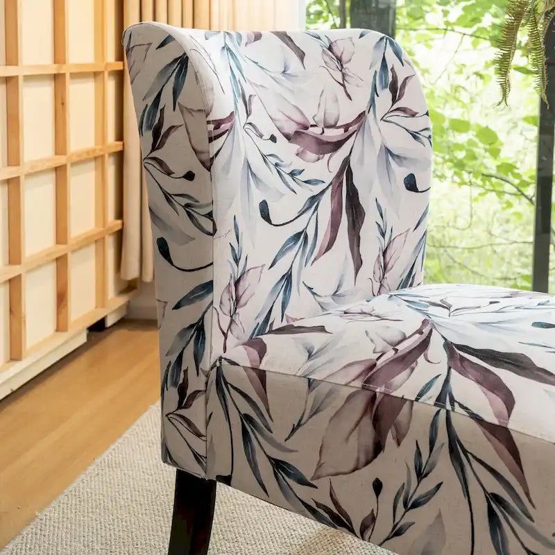 Purple Floral Upholstered Accent Chair with Dark Wood Legs