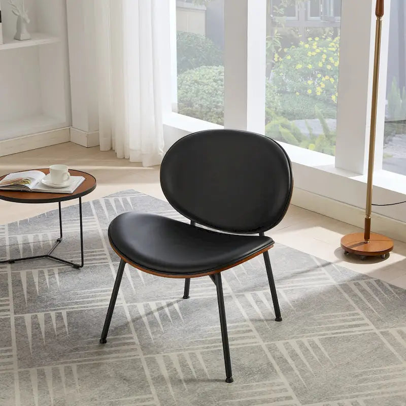 Mid-Century Modern Shell Accent Chair with PU Leather Seat and Wood Base