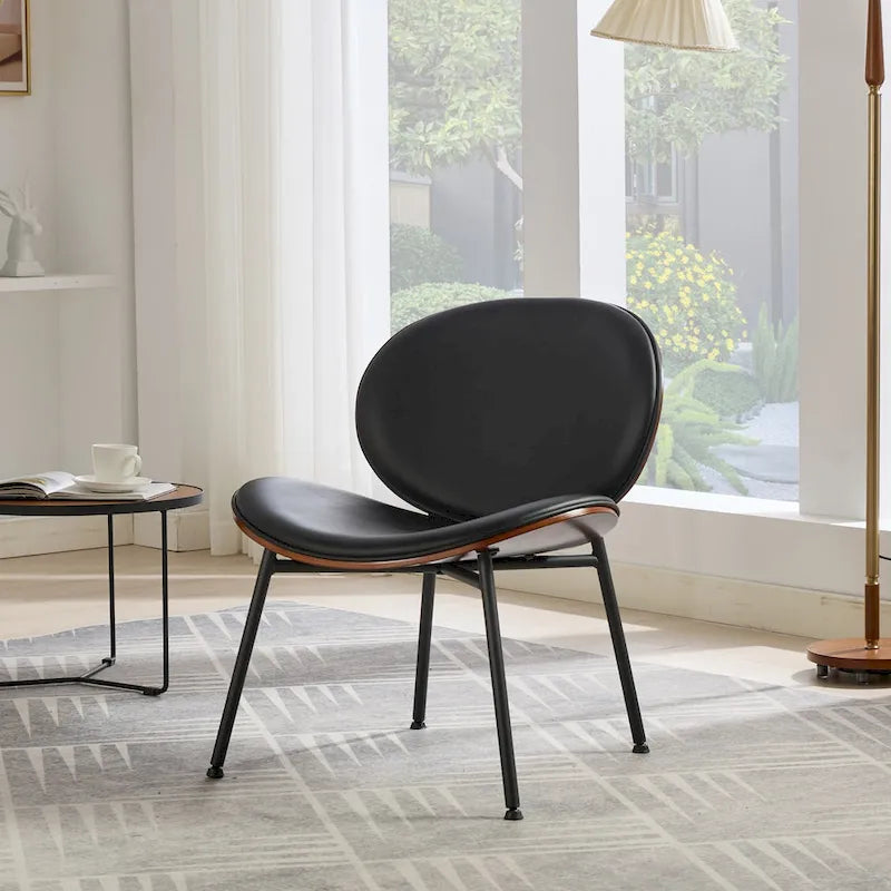 Mid-Century Modern Shell Accent Chair with PU Leather Seat and Wood Base