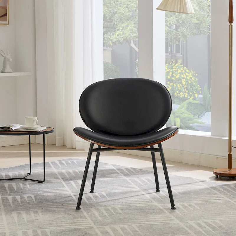 Mid-Century Modern Shell Accent Chair with PU Leather Seat and Wood Base