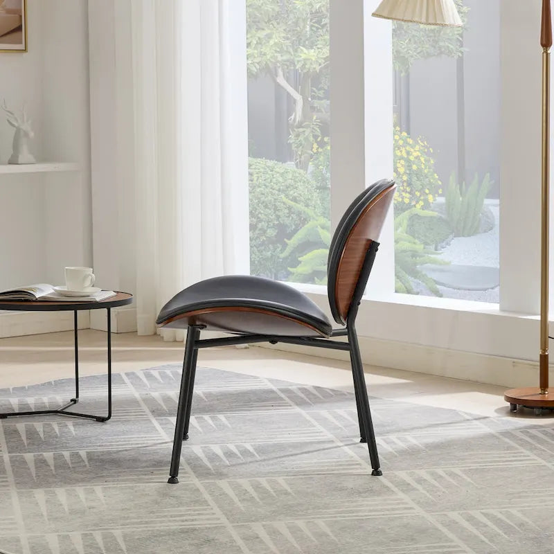 Mid-Century Modern Shell Accent Chair with PU Leather Seat and Wood Base