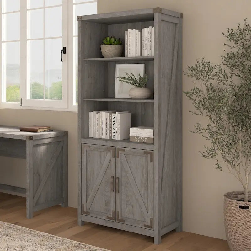 Tall 5-Shelf Bookcase with Doors Modern Farmhouse Style Storage Cabinet
