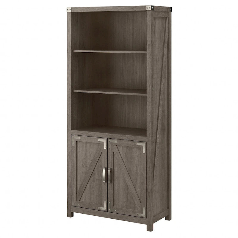 Tall 5-Shelf Bookcase with Doors Modern Farmhouse Style Storage Cabinet