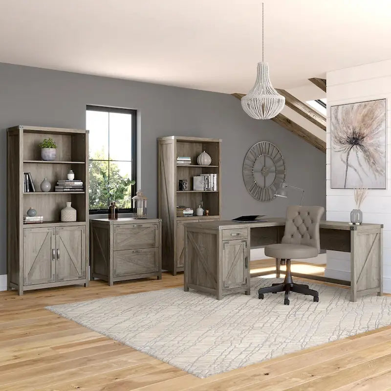 Tall 5-Shelf Bookcase with Doors Modern Farmhouse Style Storage Cabinet