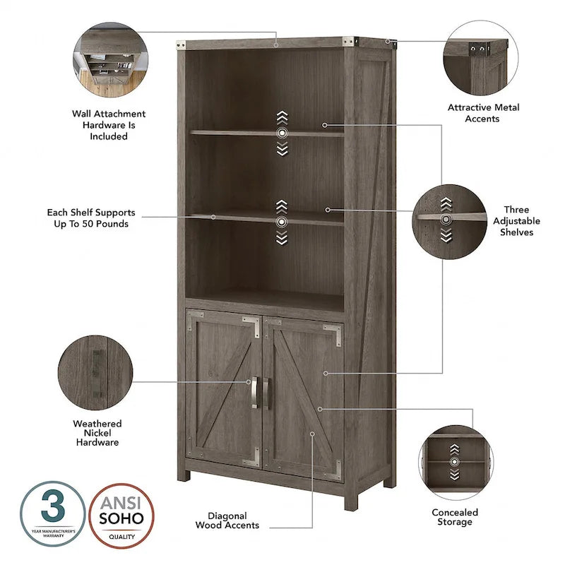 Tall 5-Shelf Bookcase with Doors Modern Farmhouse Style Storage Cabinet