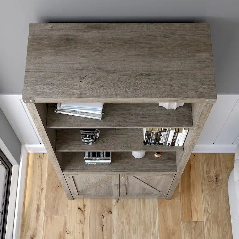 Tall 5-Shelf Bookcase with Doors Modern Farmhouse Style Storage Cabinet