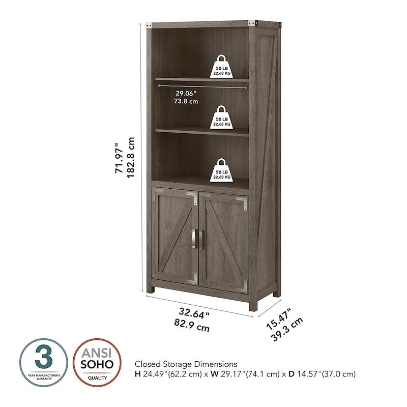 Tall 5-Shelf Bookcase with Doors Modern Farmhouse Style Storage Cabinet