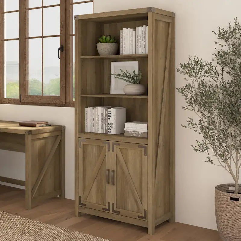 Tall 5-Shelf Bookcase with Doors Modern Farmhouse Style Storage Cabinet