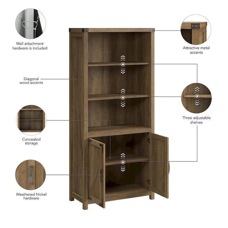 Tall 5-Shelf Bookcase with Doors Modern Farmhouse Style Storage Cabinet