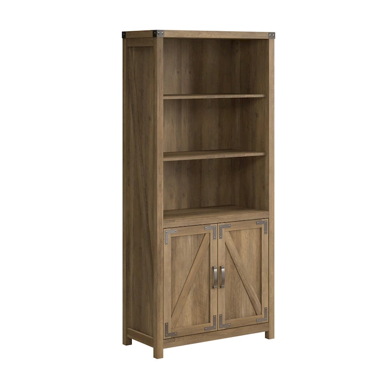 Tall 5-Shelf Bookcase with Doors Modern Farmhouse Style Storage Cabinet