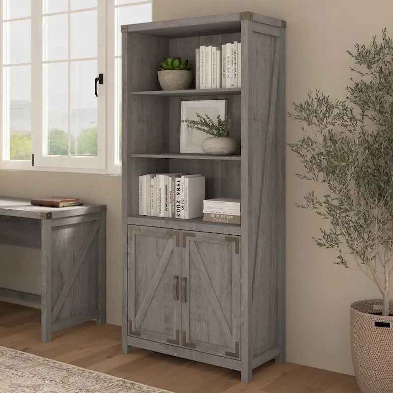 Tall 5-Shelf Bookcase with Doors Modern Farmhouse Style Storage Cabinet