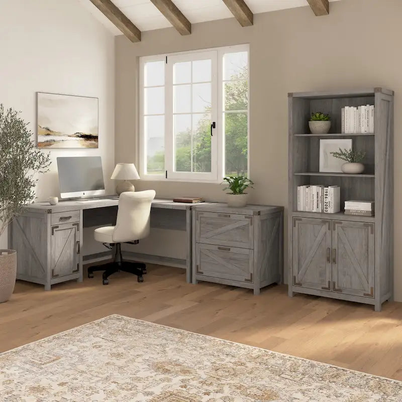 Tall 5-Shelf Bookcase with Doors Modern Farmhouse Style Storage Cabinet