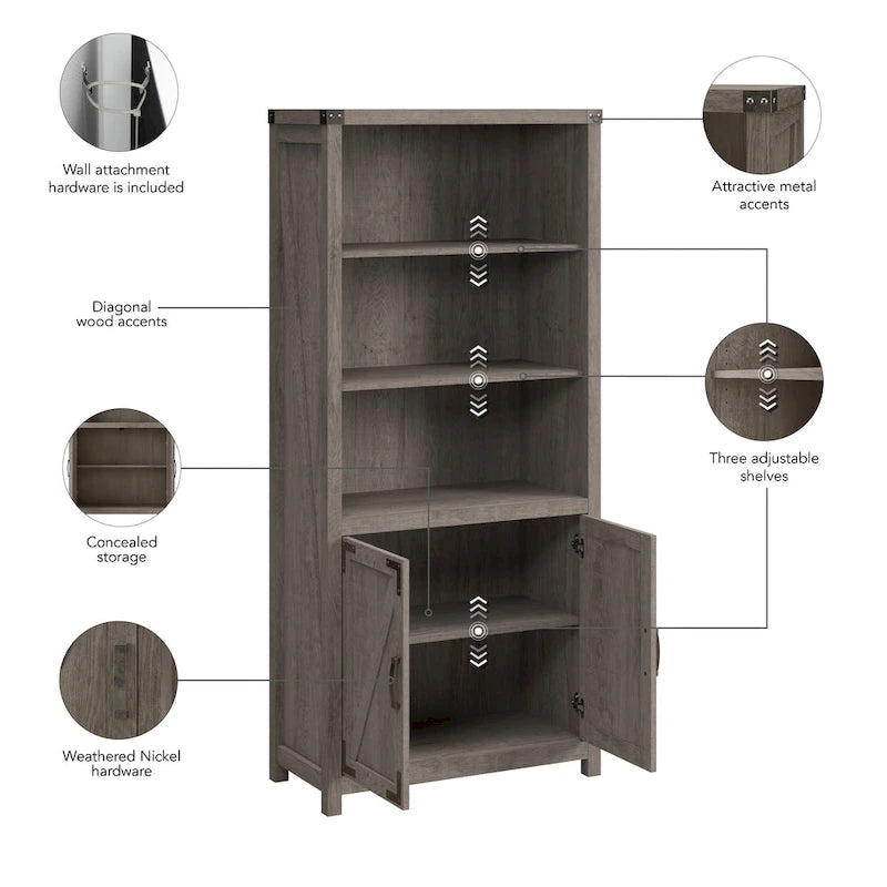 Tall 5-Shelf Bookcase with Doors Modern Farmhouse Style Storage Cabinet