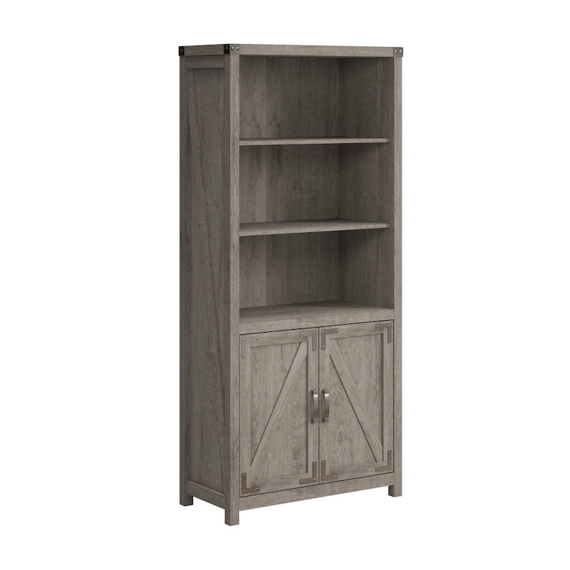 Tall 5-Shelf Bookcase with Doors Modern Farmhouse Style Storage Cabinet