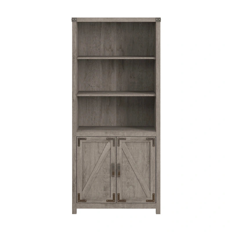 Tall 5-Shelf Bookcase with Doors Modern Farmhouse Style Storage Cabinet