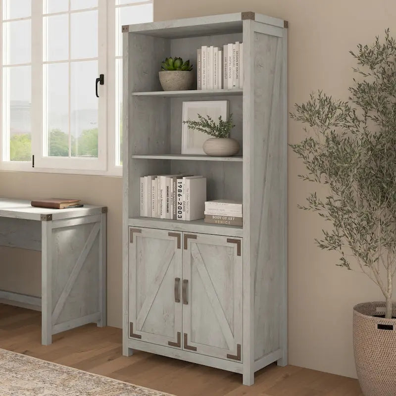 Tall 5-Shelf Bookcase with Doors Modern Farmhouse Style Storage Cabinet