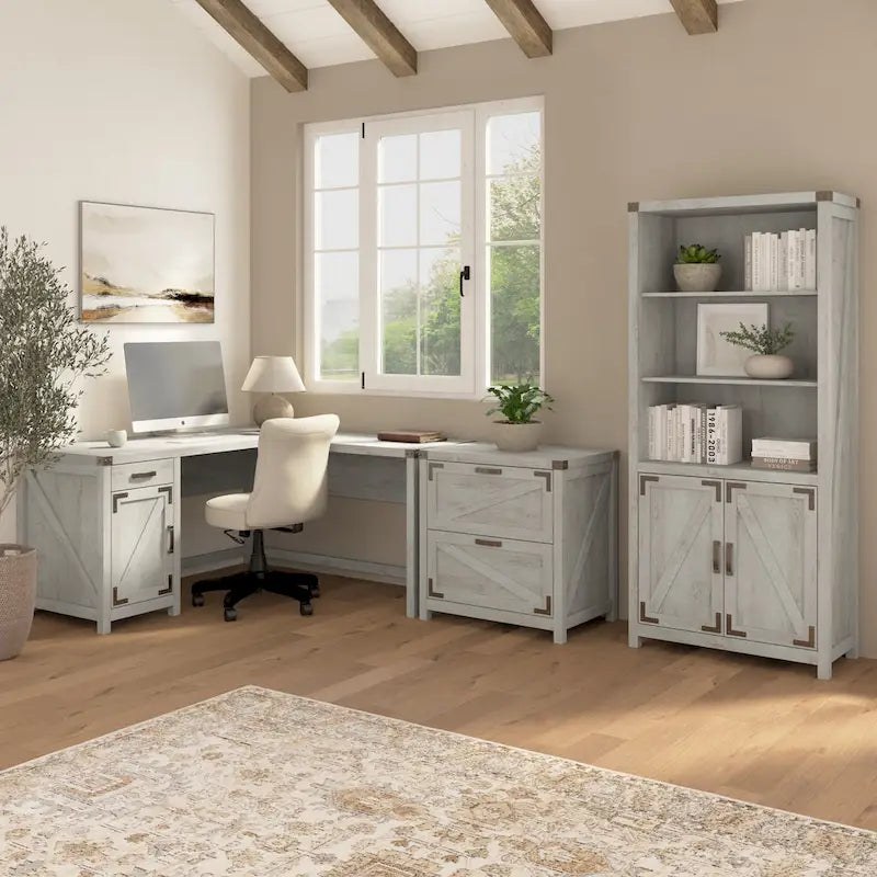 Tall 5-Shelf Bookcase with Doors Modern Farmhouse Style Storage Cabinet