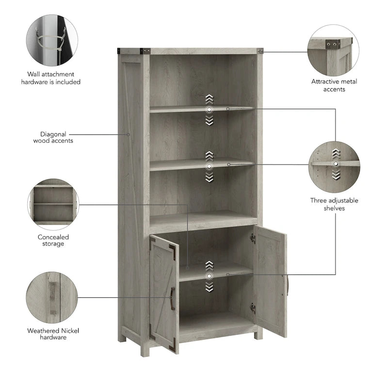 Tall 5-Shelf Bookcase with Doors Modern Farmhouse Style Storage Cabinet