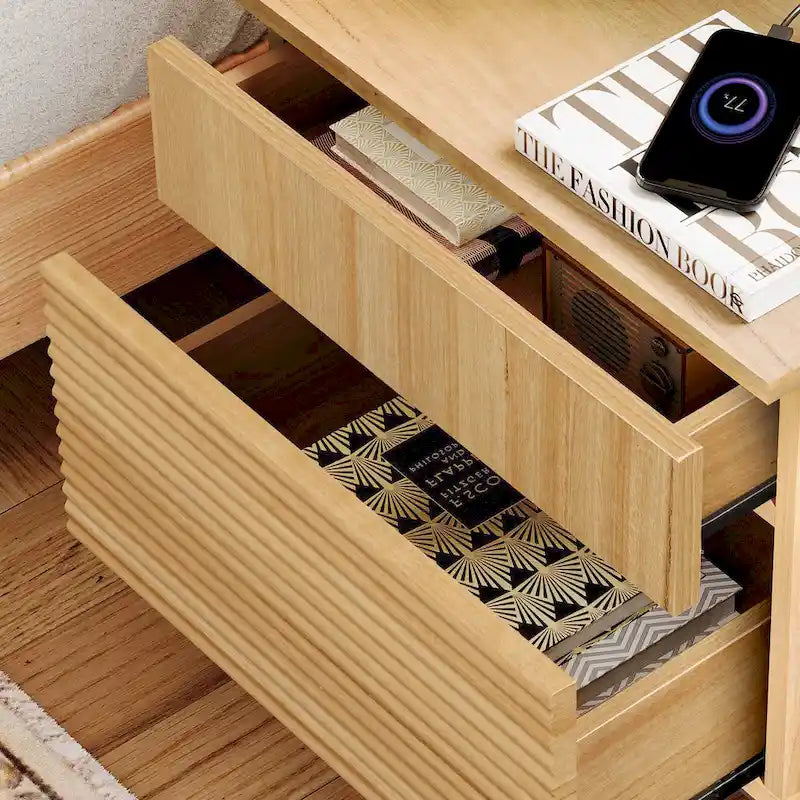 Fluted Nightstand with Charging Station, Modern Side Table with 2 Drawers
