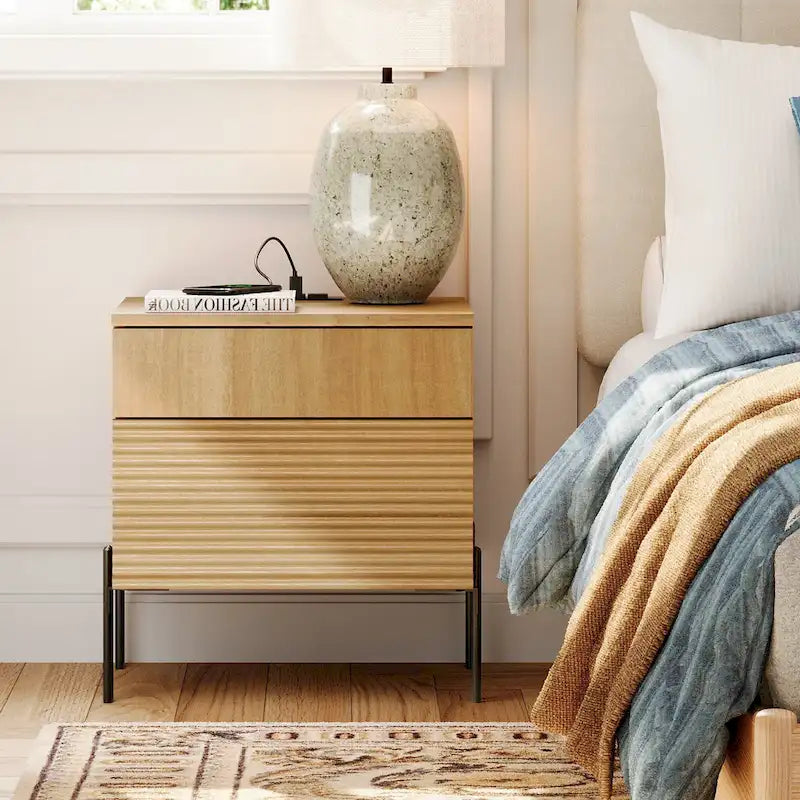 Fluted Nightstand with Charging Station, Modern Side Table with 2 Drawers