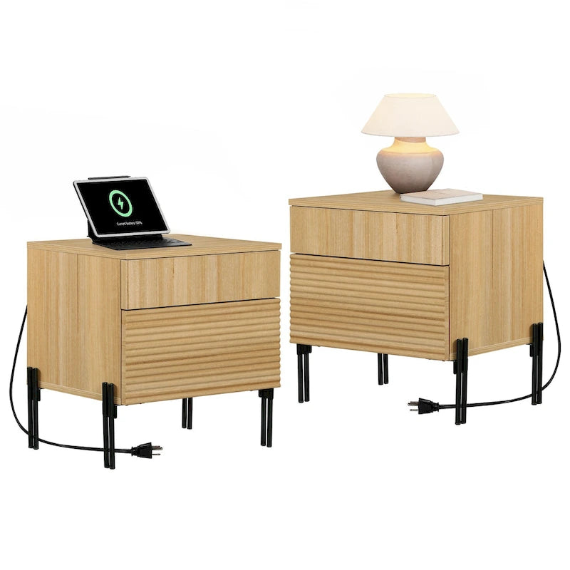 Fluted Nightstand with Charging Station, Modern Side Table with 2 Drawers