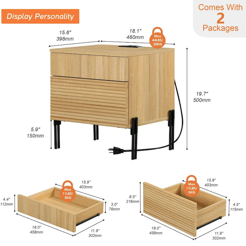 Fluted Nightstand with Charging Station, Modern Side Table with 2 Drawers