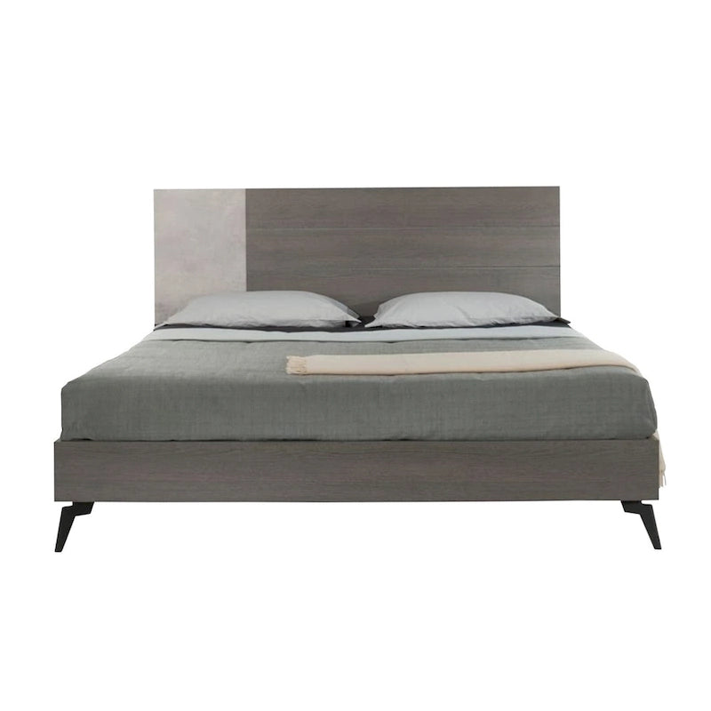 King Size Platform Bed with Black Metal Legs and Gray Panel Headboard