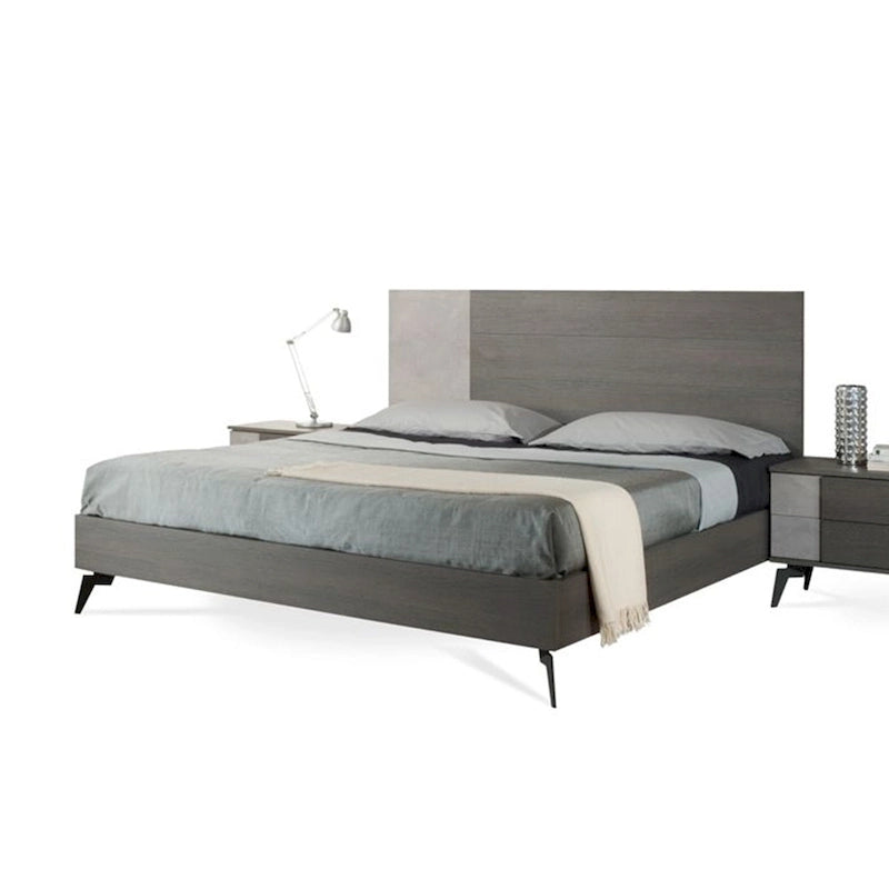King Size Platform Bed with Black Metal Legs and Gray Panel Headboard