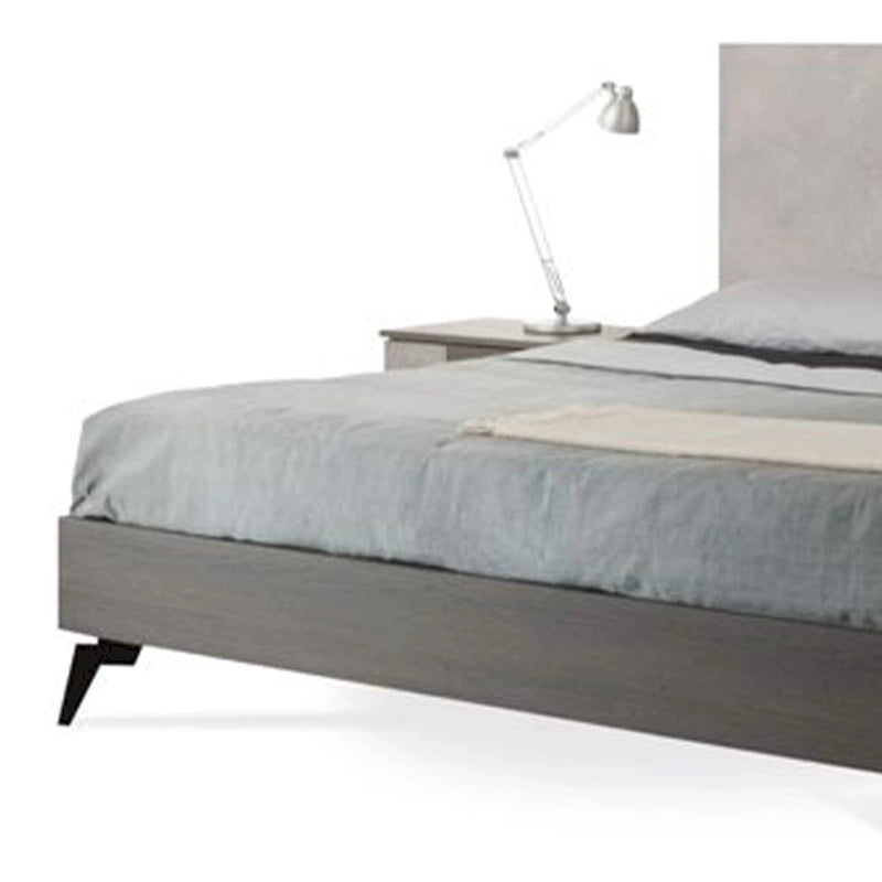 King Size Platform Bed with Black Metal Legs and Gray Panel Headboard