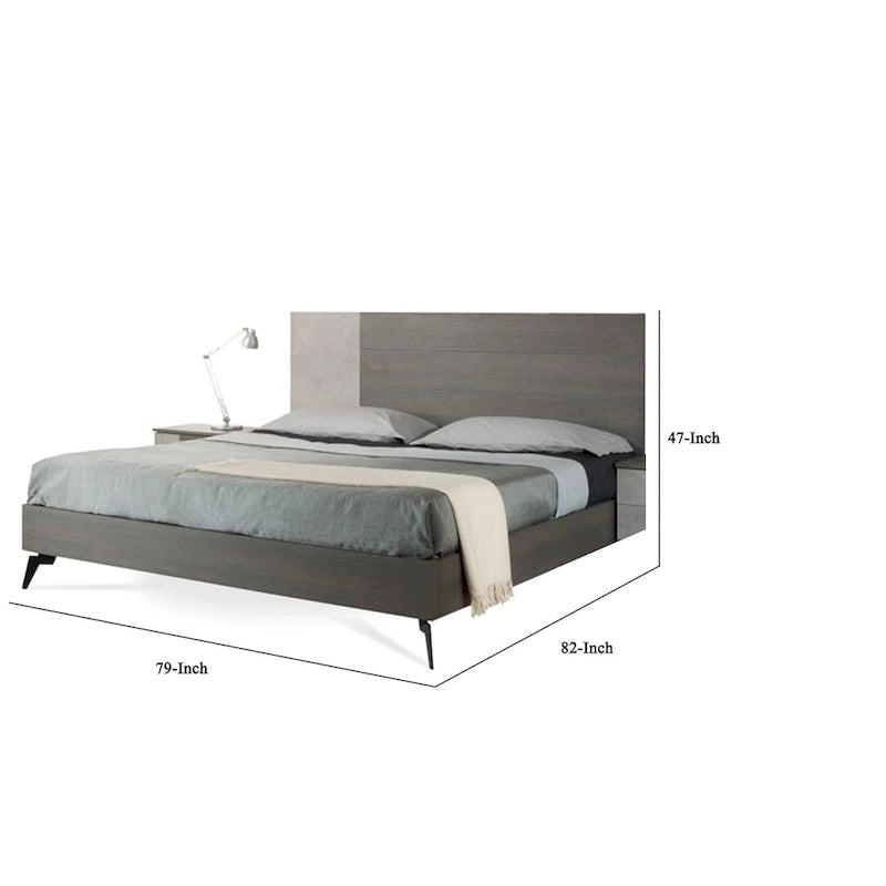 King Size Platform Bed with Black Metal Legs and Gray Panel Headboard