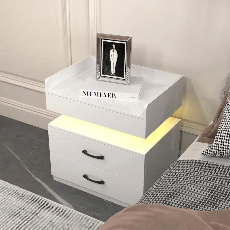Modern Nightstand with LED Strip Light and 2 Sliding Drawers for Bedroom