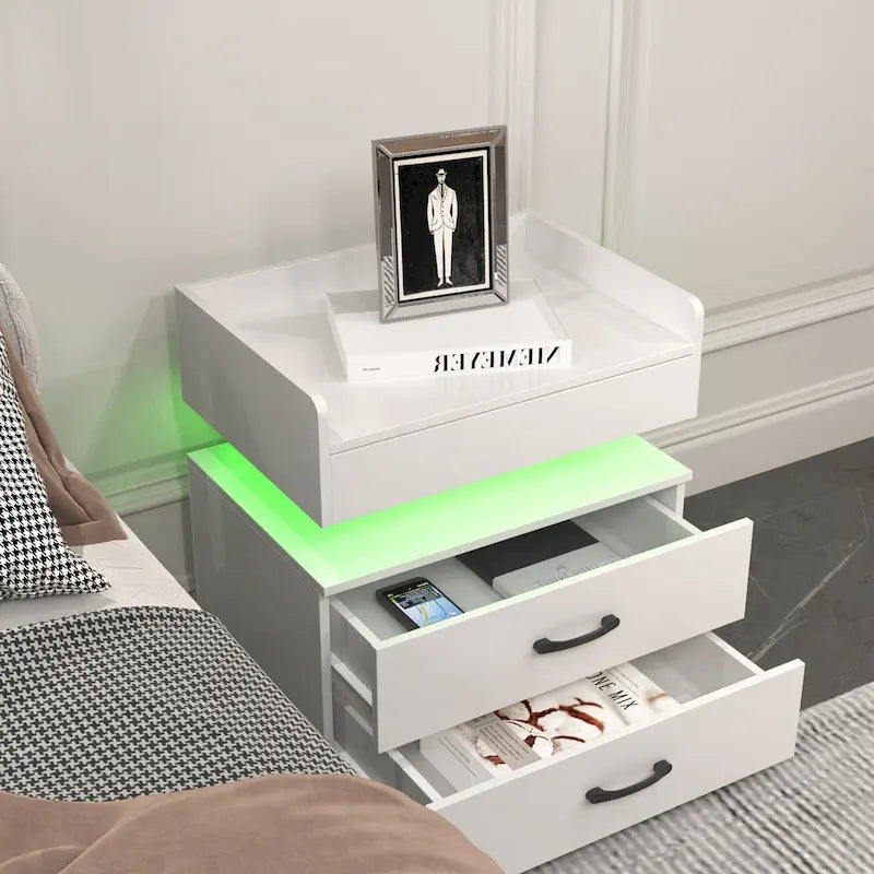 Modern Nightstand with LED Strip Light and 2 Sliding Drawers for Bedroom