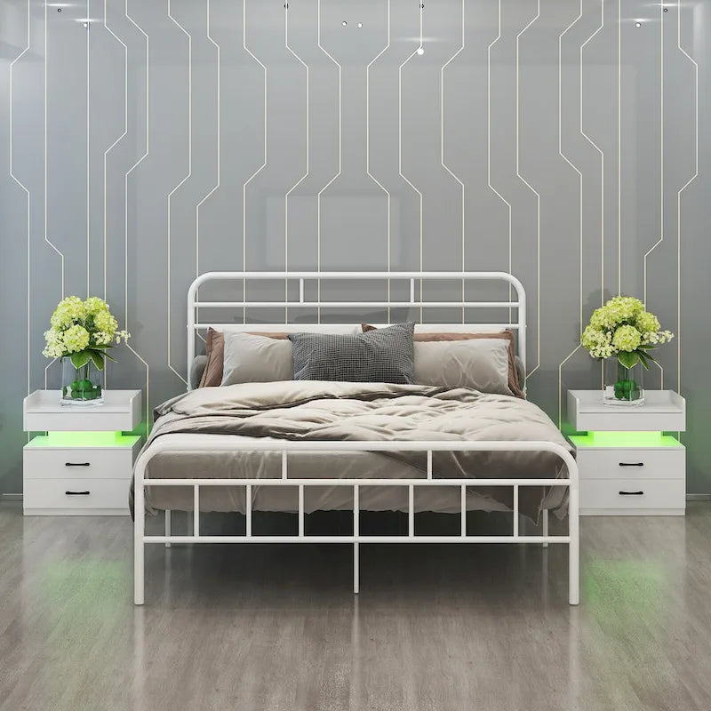 Modern Nightstand with LED Strip Light and 2 Sliding Drawers for Bedroom