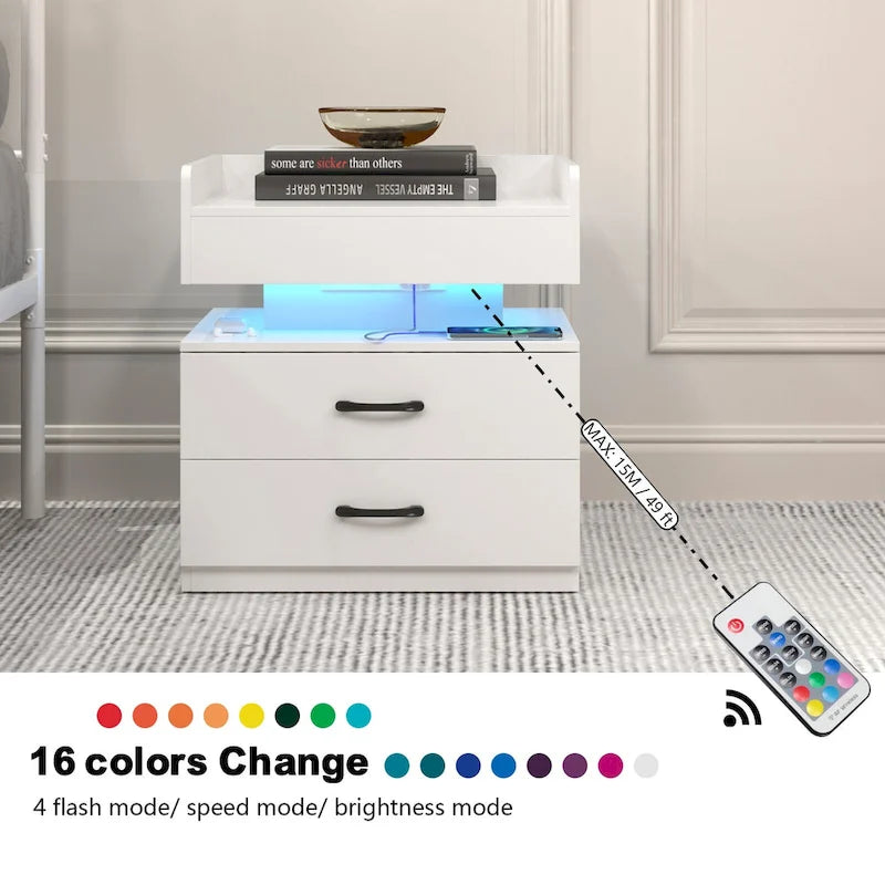 Modern Nightstand with LED Strip Light and 2 Sliding Drawers for Bedroom