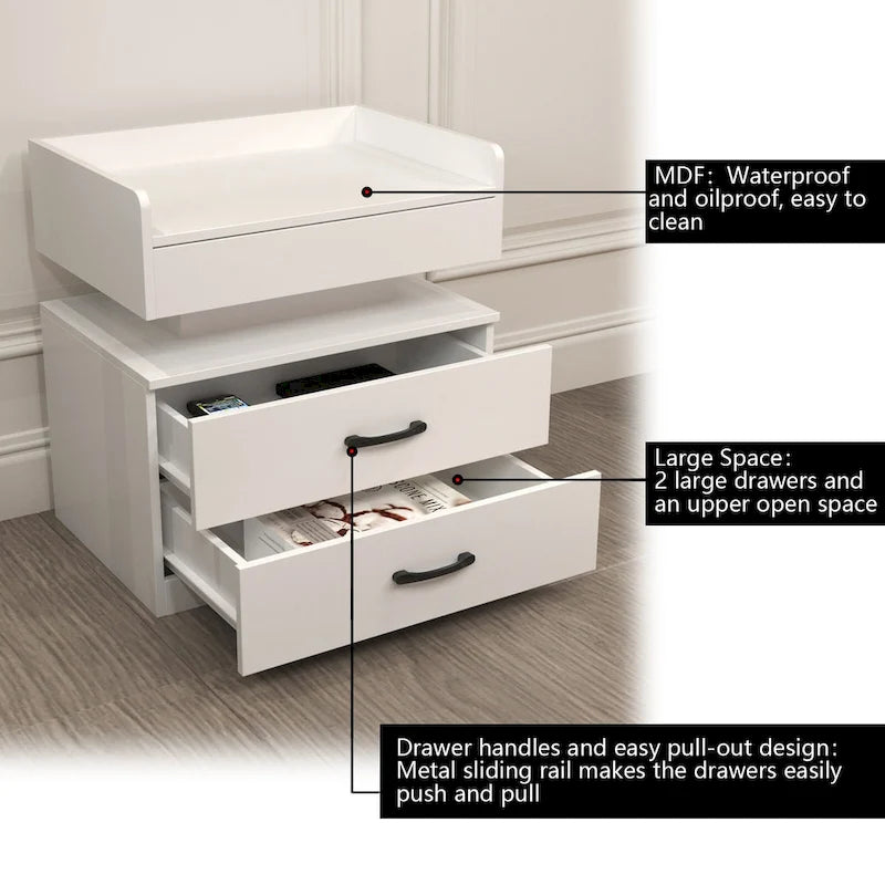 Modern Nightstand with LED Strip Light and 2 Sliding Drawers for Bedroom