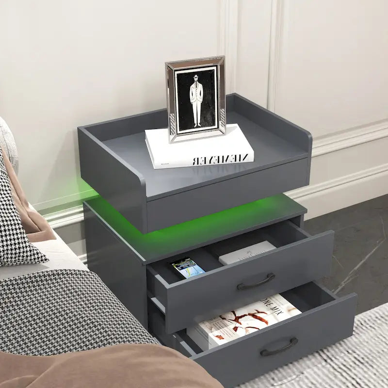 Modern Nightstand with LED Strip Light and 2 Sliding Drawers for Bedroom