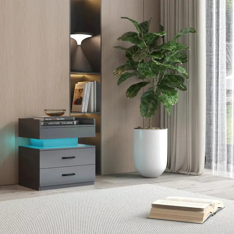 Modern Nightstand with LED Strip Light and 2 Sliding Drawers for Bedroom