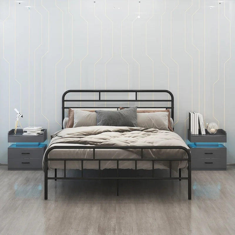Modern Nightstand with LED Strip Light and 2 Sliding Drawers for Bedroom