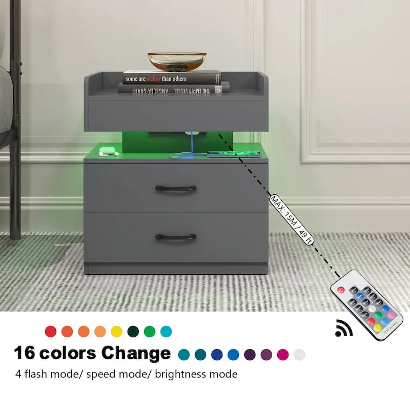 Modern Nightstand with LED Strip Light and 2 Sliding Drawers for Bedroom