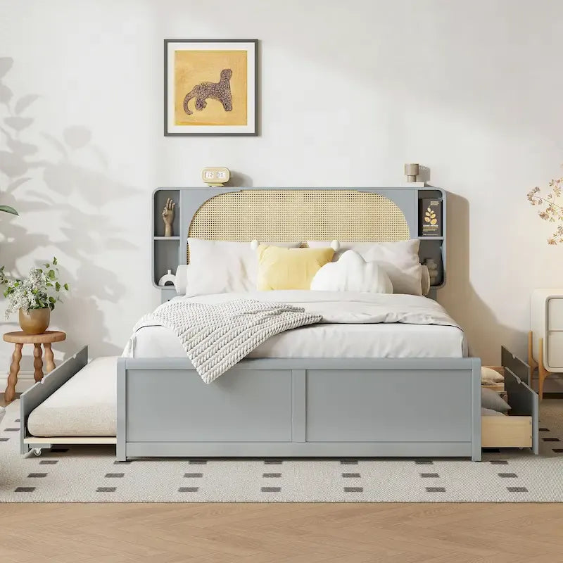 Queen Size Platform Bed Frame with Rattan Headboard, 2 Drawers and Pull-Out Trundle
