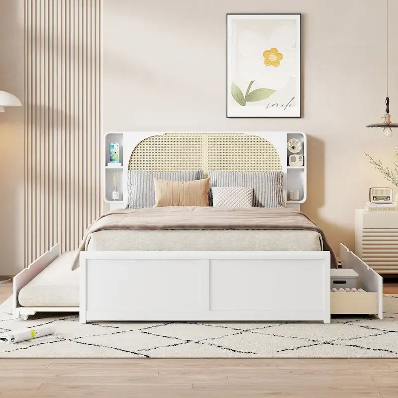 Lit plateforme Queen Size avec tête de lit en rotin, 2 tiroirs et lit gigogne coulissant