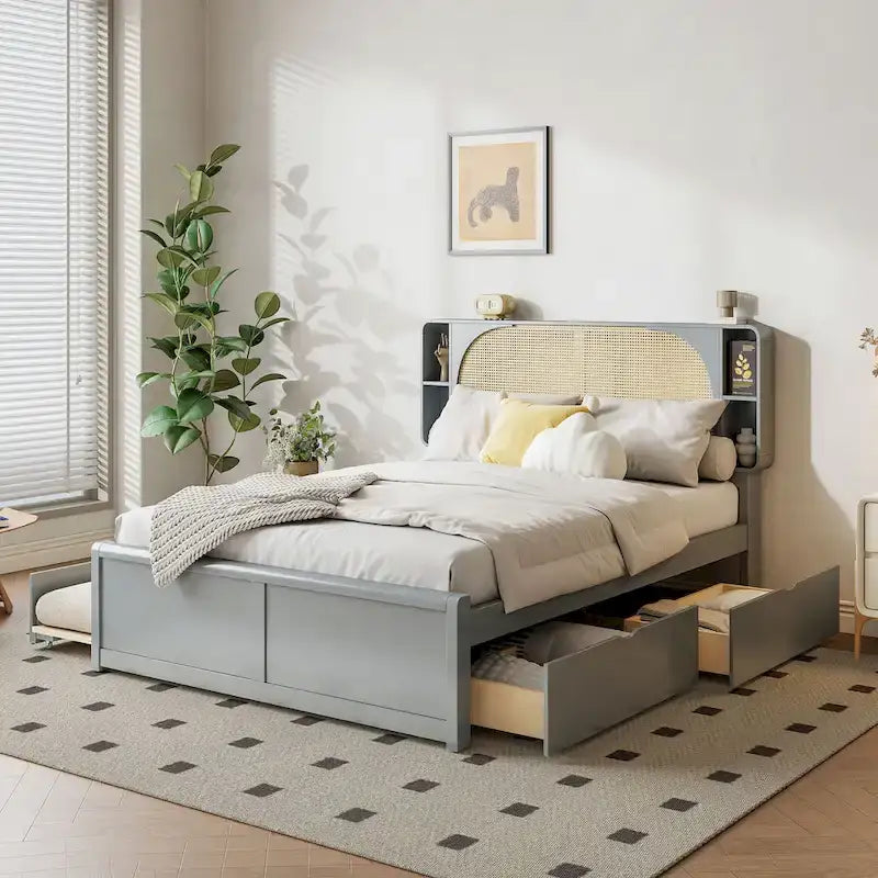 Queen Size Platform Bed Frame with Rattan Headboard, 2 Drawers and Pull-Out Trundle