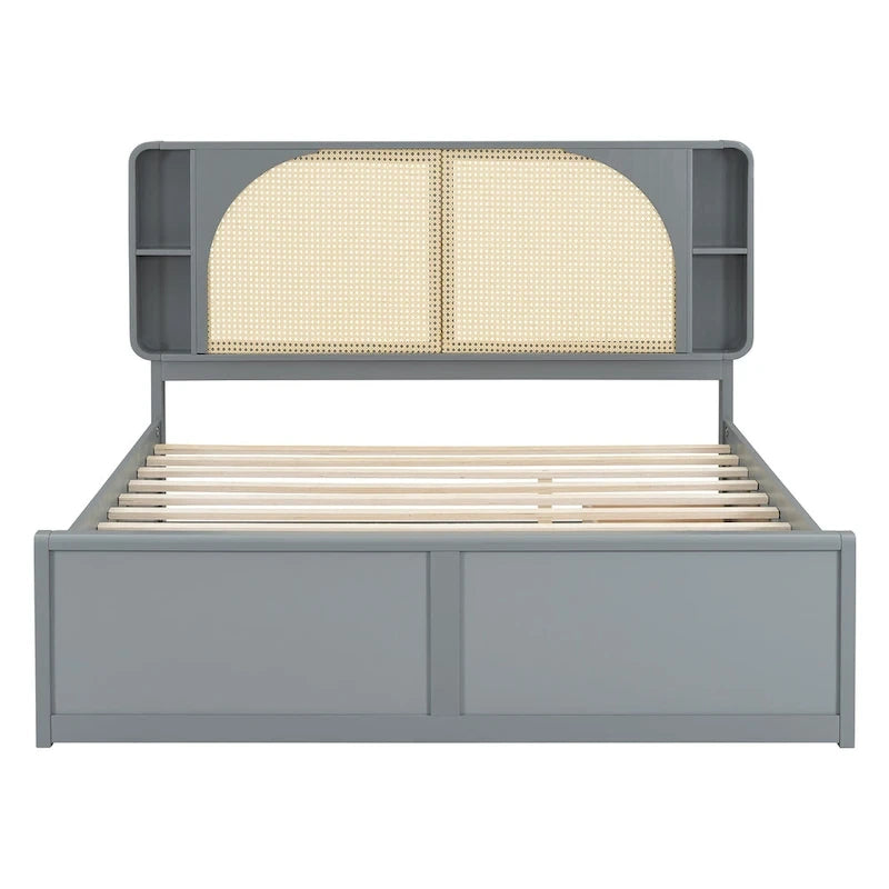 Queen Size Platform Bed Frame with Rattan Headboard, 2 Drawers and Pull-Out Trundle