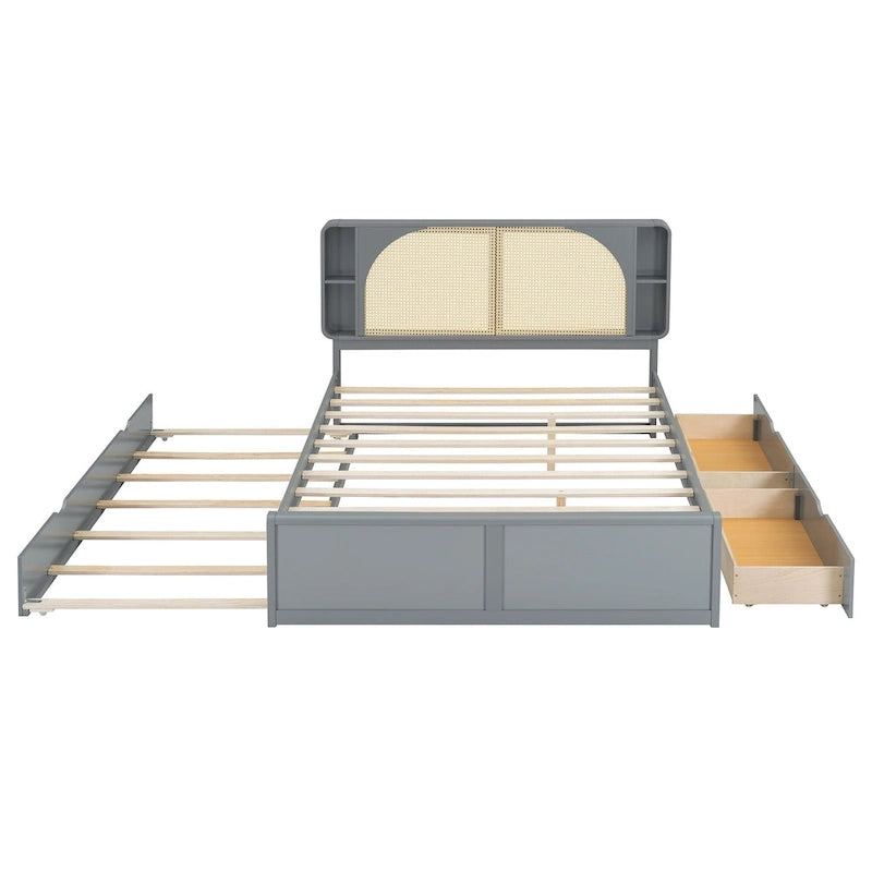 Queen Size Platform Bed Frame with Rattan Headboard, 2 Drawers and Pull-Out Trundle