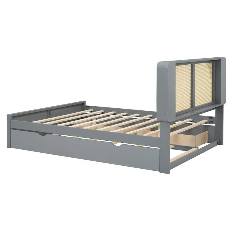Queen Size Platform Bed Frame with Rattan Headboard, 2 Drawers and Pull-Out Trundle